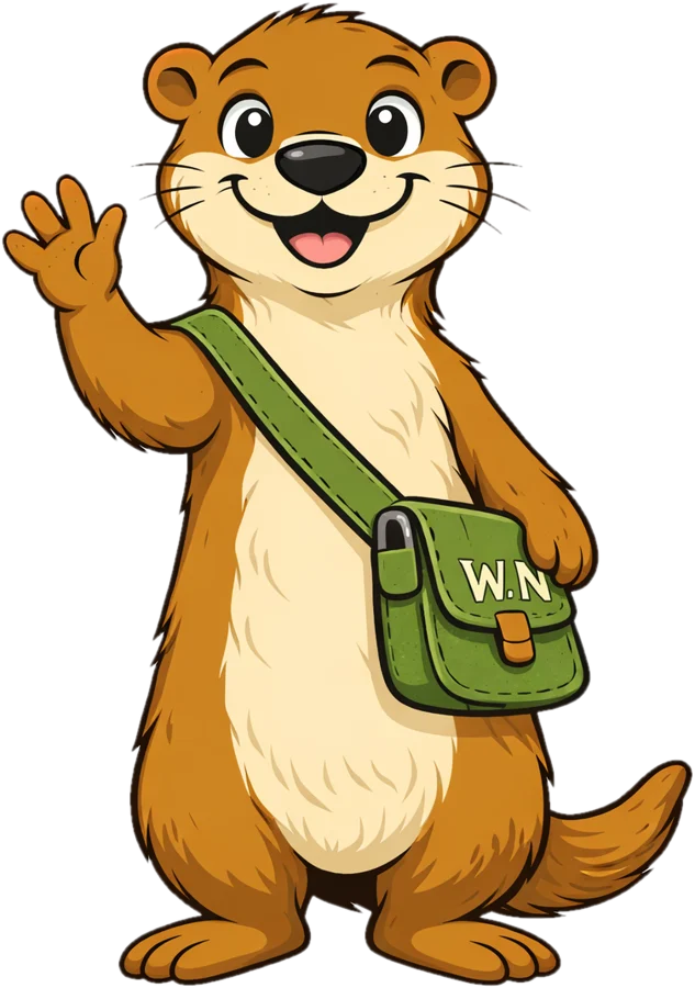 Noko, a smiling otter with a green satchel, waving hello